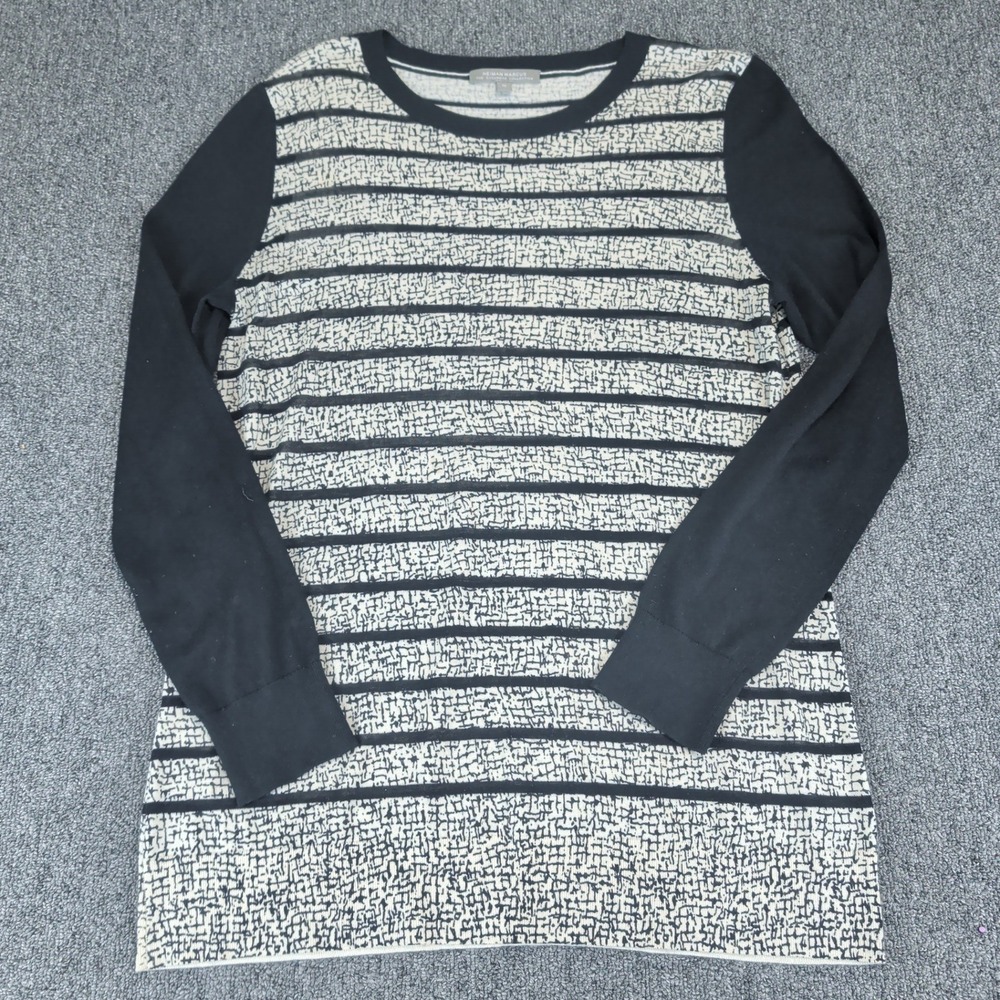 Neiman Marcus Quiet Luxury Stripe Sweater Women M Black Cream Silk Cashmere Wool